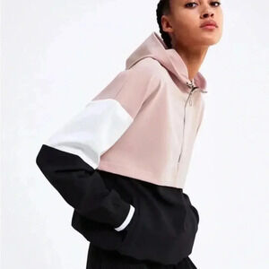 Zara Pink Black White Color Block Lightweight Hoodie Sweatshirt Pullover Size S